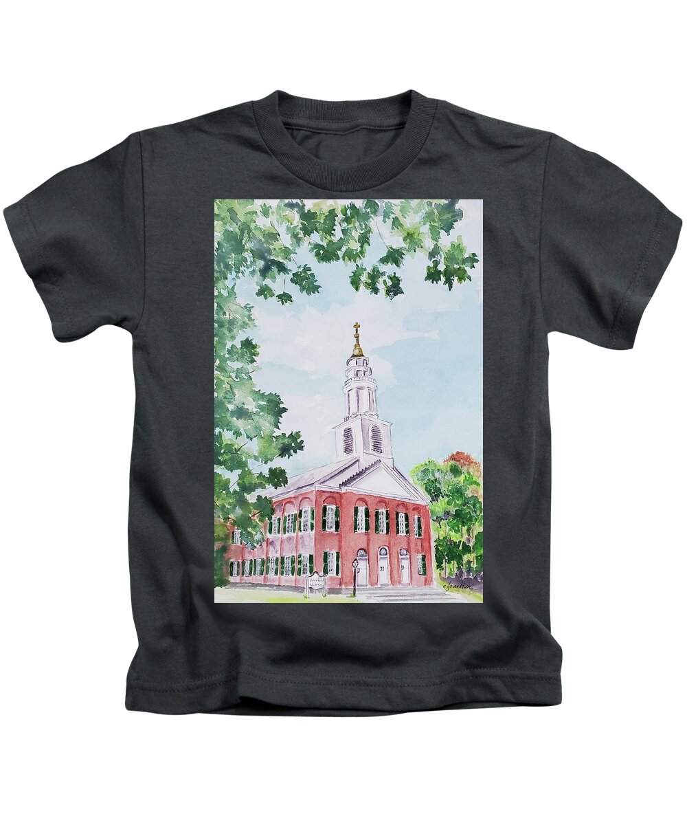 Deerfield Kids T-Shirt featuring the painting Deerfield Church by Claudette Carlton