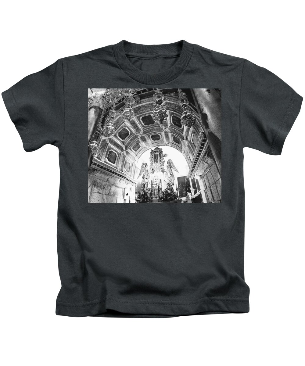 Black And White Kids T-Shirt featuring the photograph Detail of a Croatian Church by Annalisa Rivera-Franz