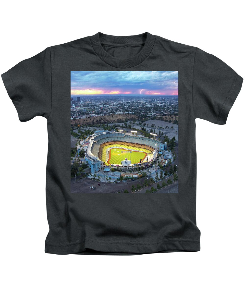 Dodger Stadium with Lightning behind it Kids T-Shirt by Josh