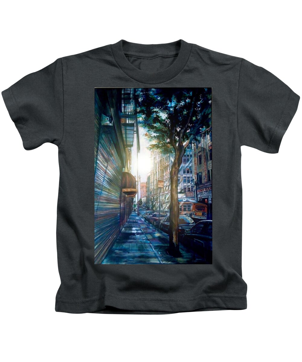  Kids T-Shirt featuring the painting Downtown by Try Cheatham