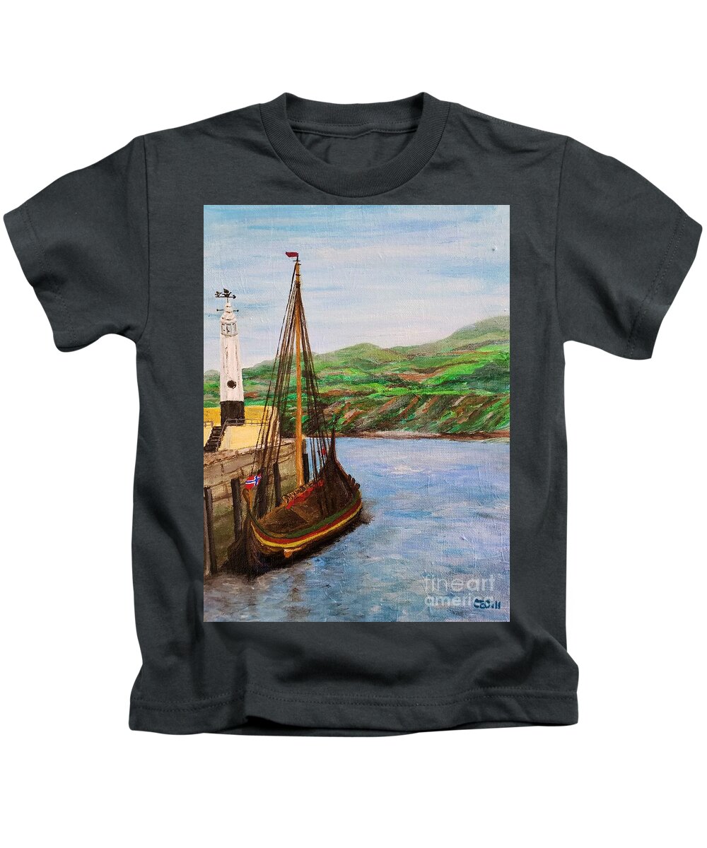 Viking Kids T-Shirt featuring the painting Draken Harald Harfagre Peel Harbor Isle of Man by C E Dill