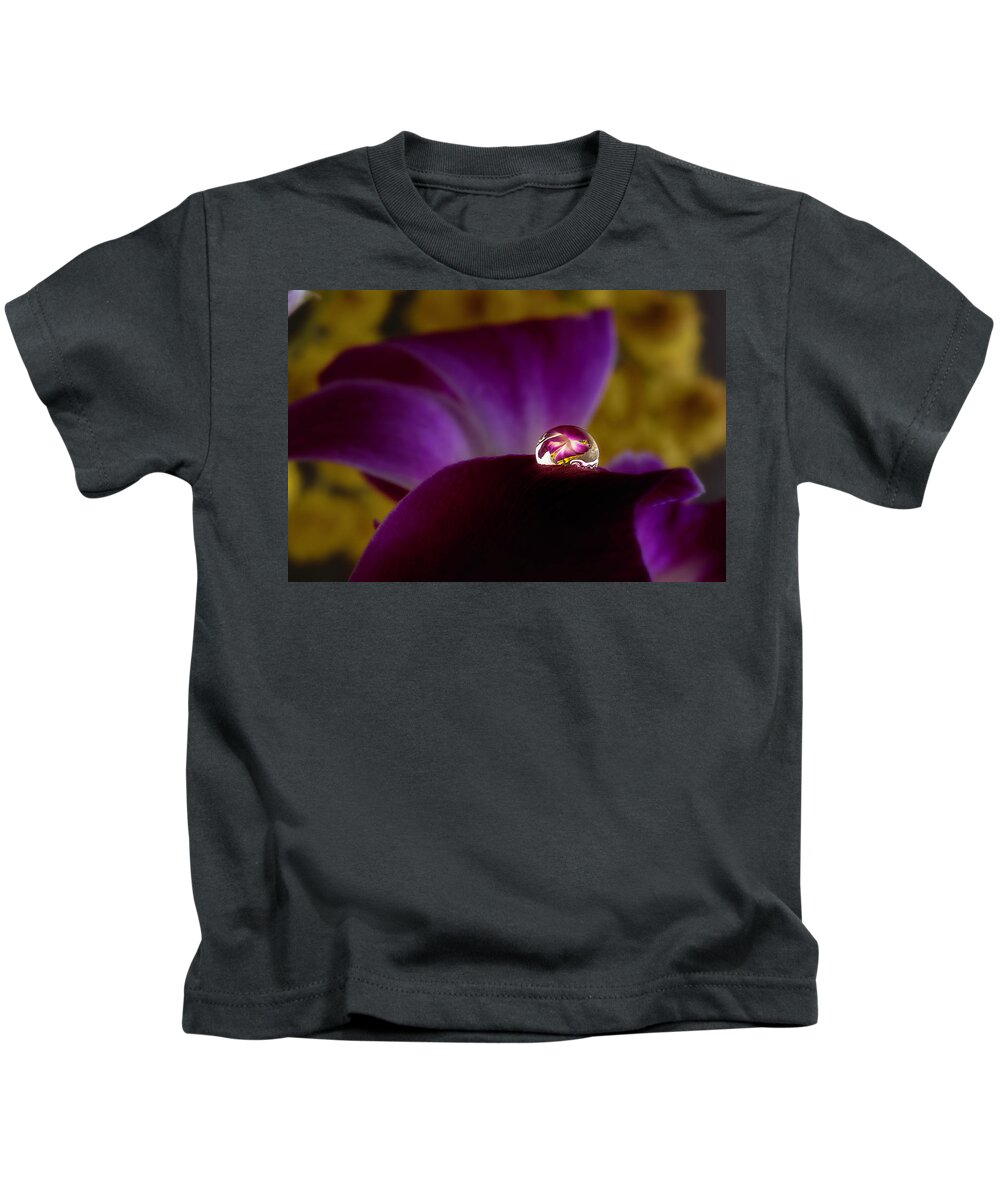 Macro Kids T-Shirt featuring the photograph Drop on an purple orchid 2 by Wolfgang Stocker