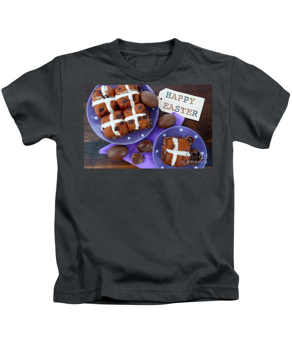 Baking Rack Kids T-Shirt featuring the photograph Easter chocolate hot cross buns by Milleflore Images