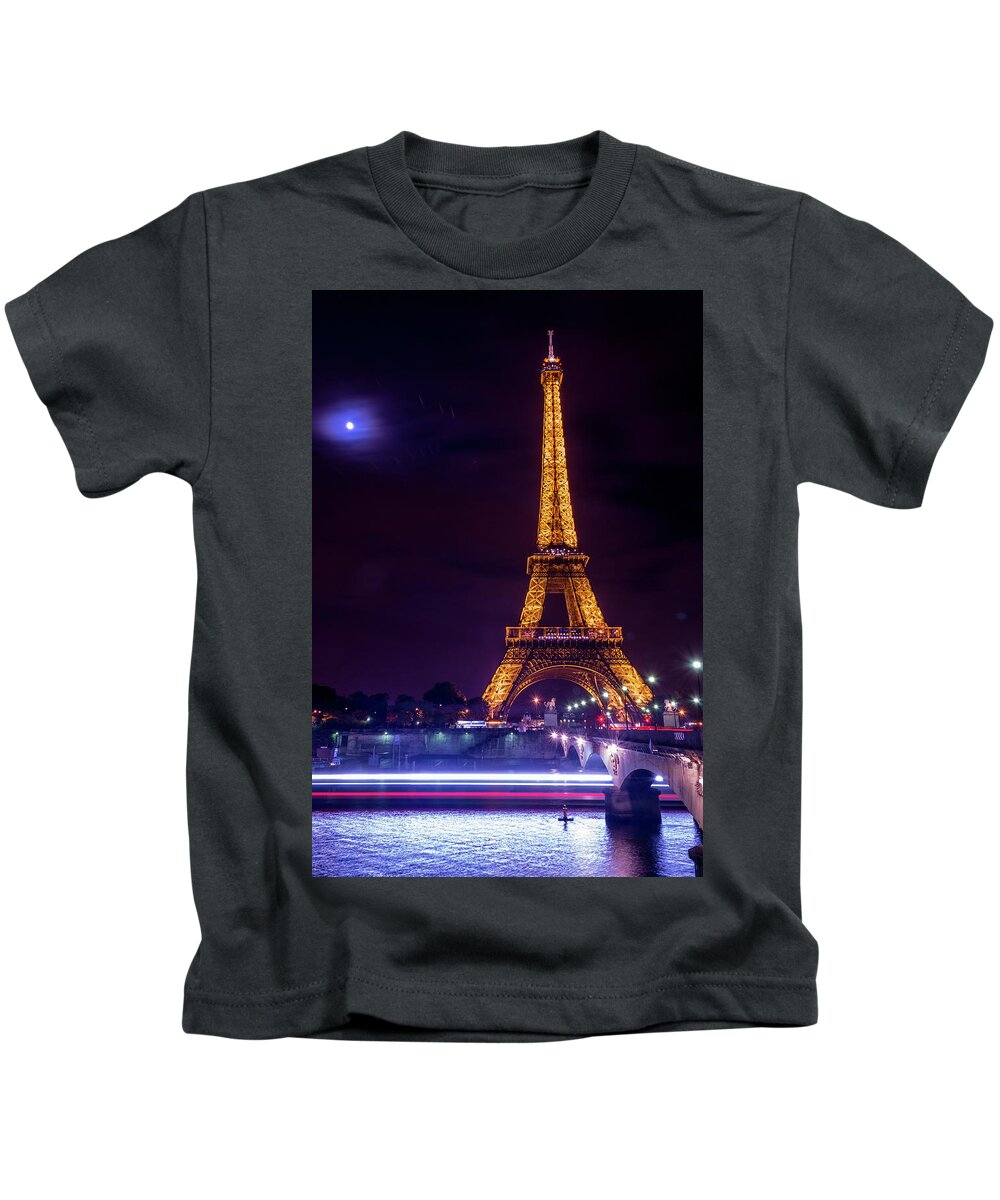 Eiffel Tower Kids T-Shirt featuring the photograph Eiffle tower and the moon in Paris by Andrew Lalchan