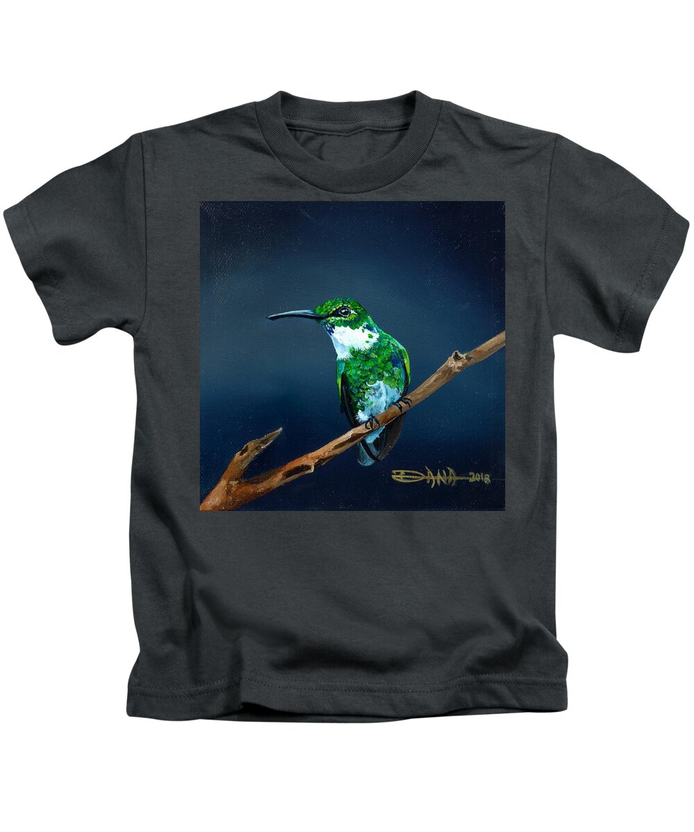 Birds Kids T-Shirt featuring the painting Emerald Hummer by Dana Newman