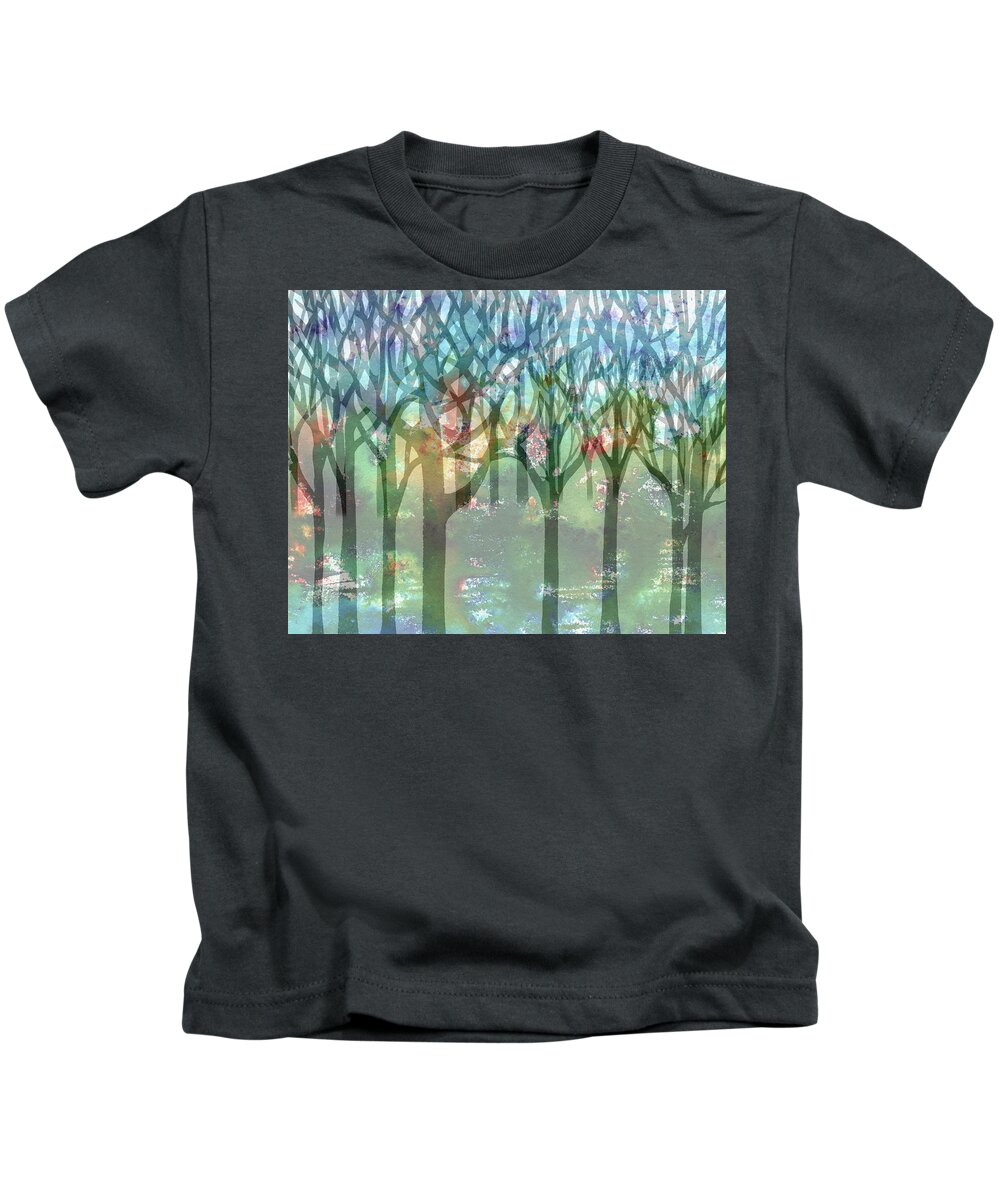 Abstract Forest Kids T-Shirt featuring the painting Enchanted Forest Watercolor Silhouette Trees Branches Splashes Reflections by Irina Sztukowski