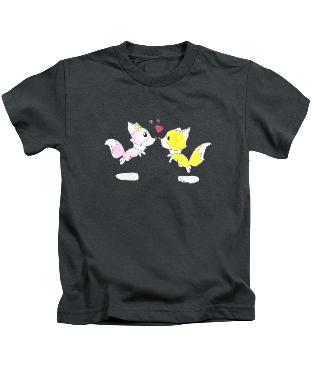 Foxes Kids T-Shirt featuring the drawing Eskimo Kisses Two Cute Foxes Reunited by Ali Baucom