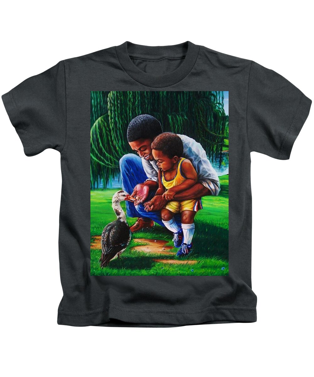 Ducks Kids T-Shirt featuring the painting Facing your fears by Arthur Covington