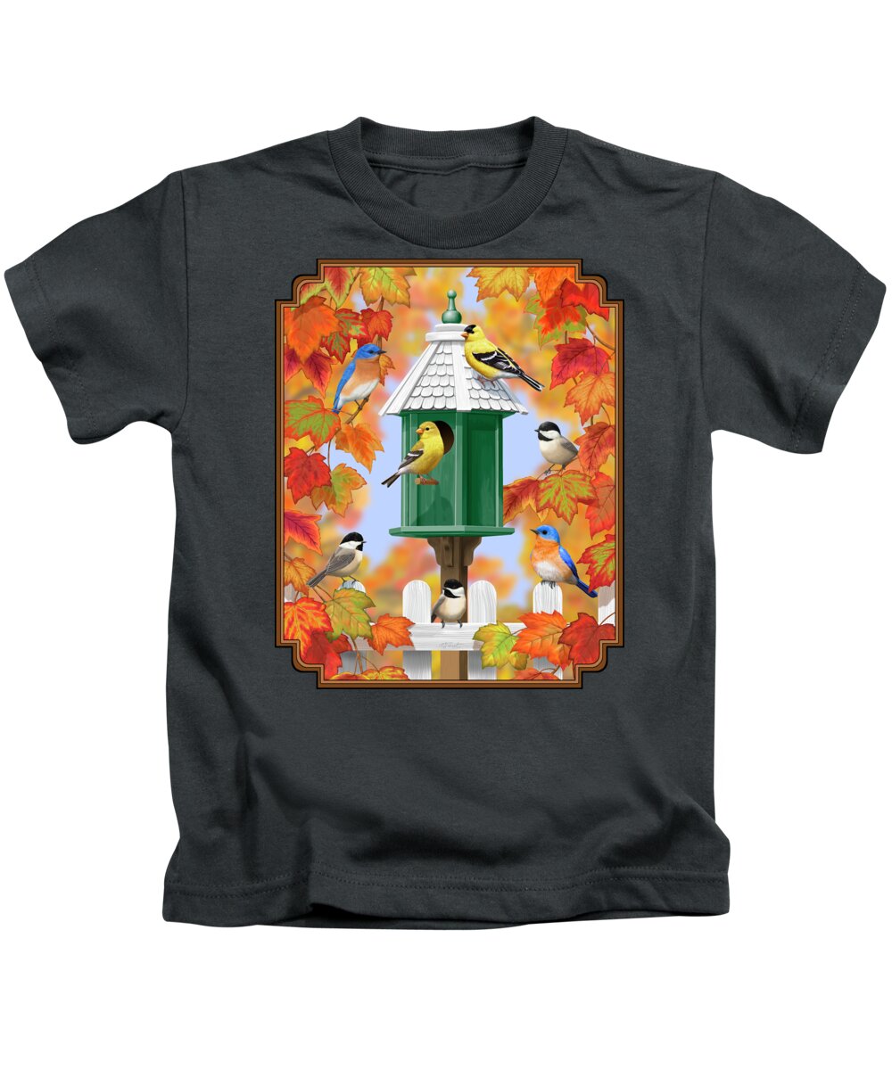 Animals Kids T-Shirt featuring the digital art Farewell To Summer Songbirds Birdhouse Autumn Gathering by Crista Forest