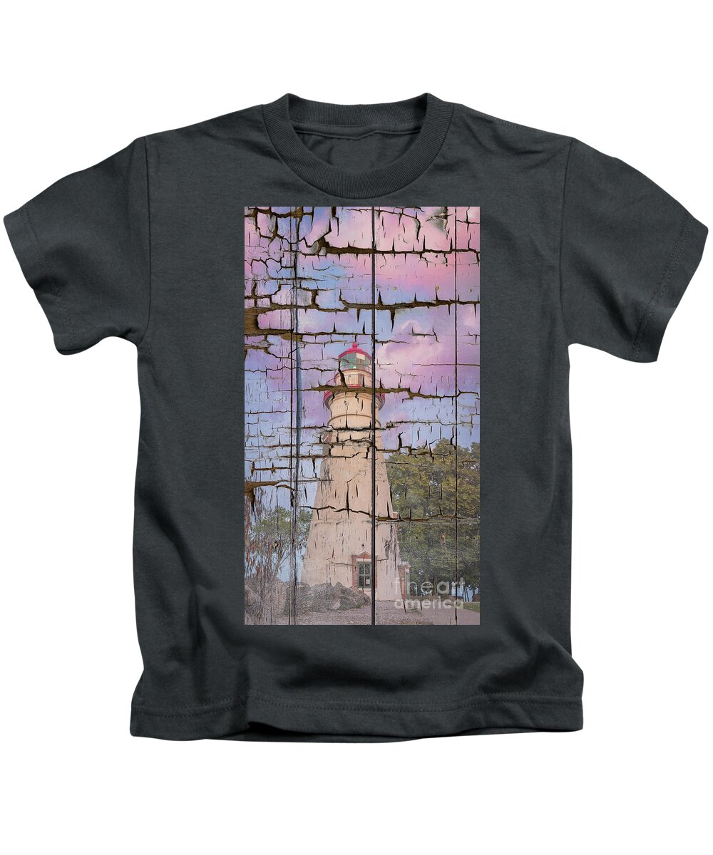Lighthouse Kids T-Shirt featuring the photograph Faux Wood Texture Marblehead Lighthouse at Sunset Coastal Landscape Photo by PIPA Fine Art - Simply Solid