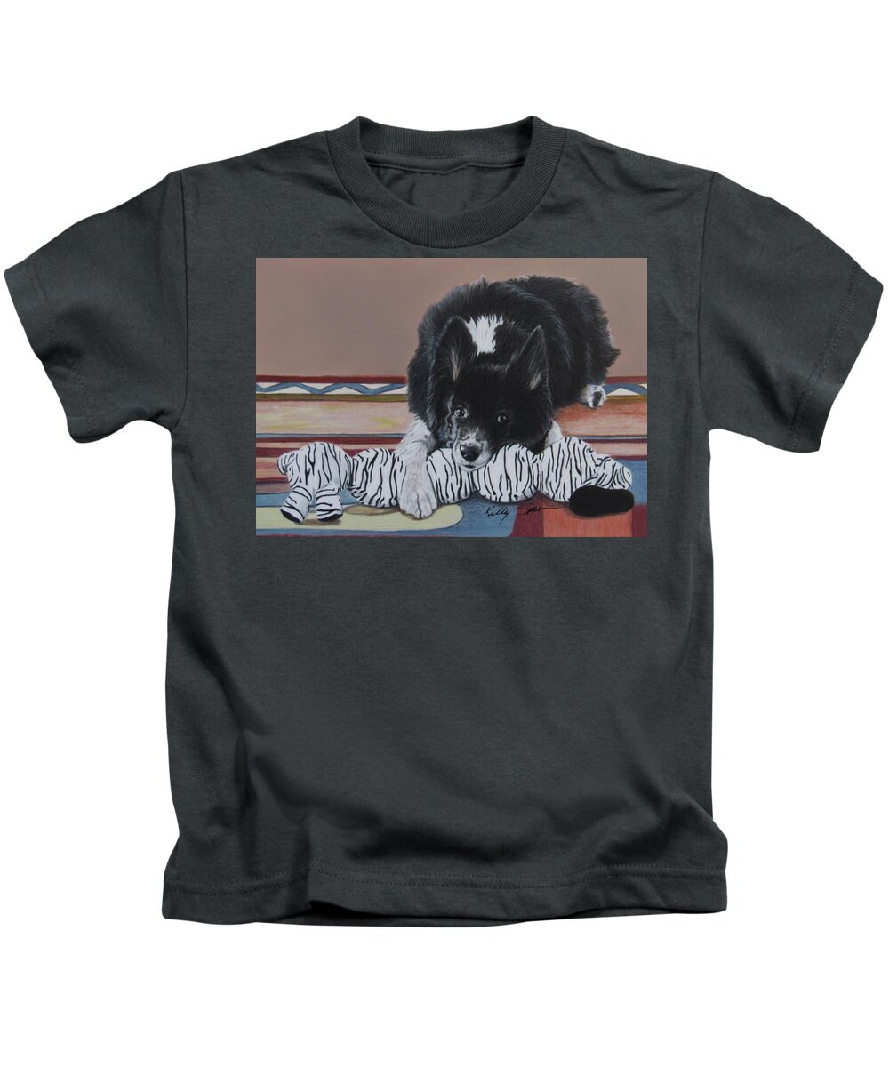 Dog Kids T-Shirt featuring the drawing Favorite Toy by Kelly Speros