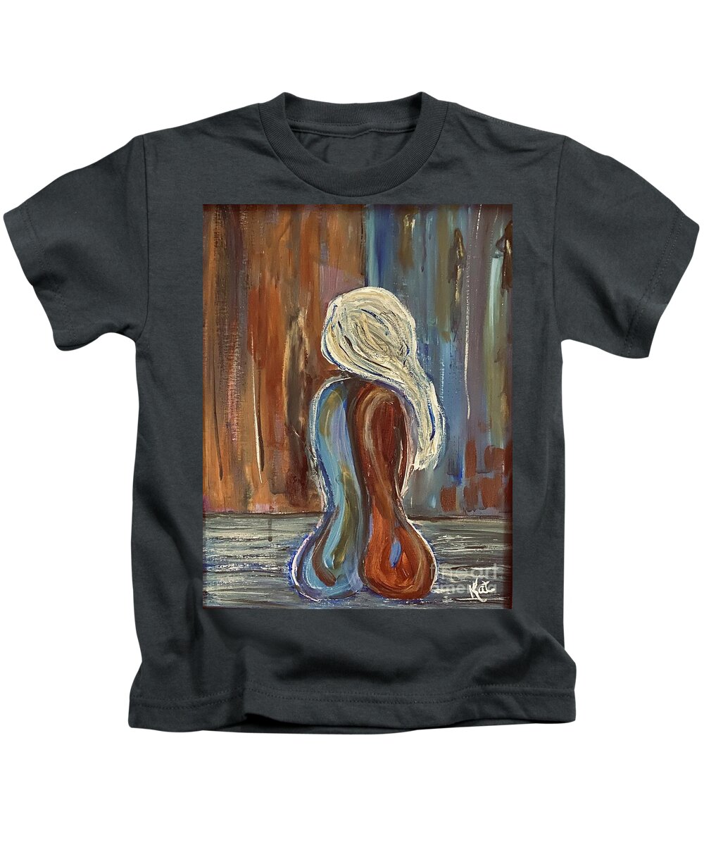 Woman Exposed Red Blue Kids T-Shirt featuring the painting Feeling Exposed by Kathy Bee