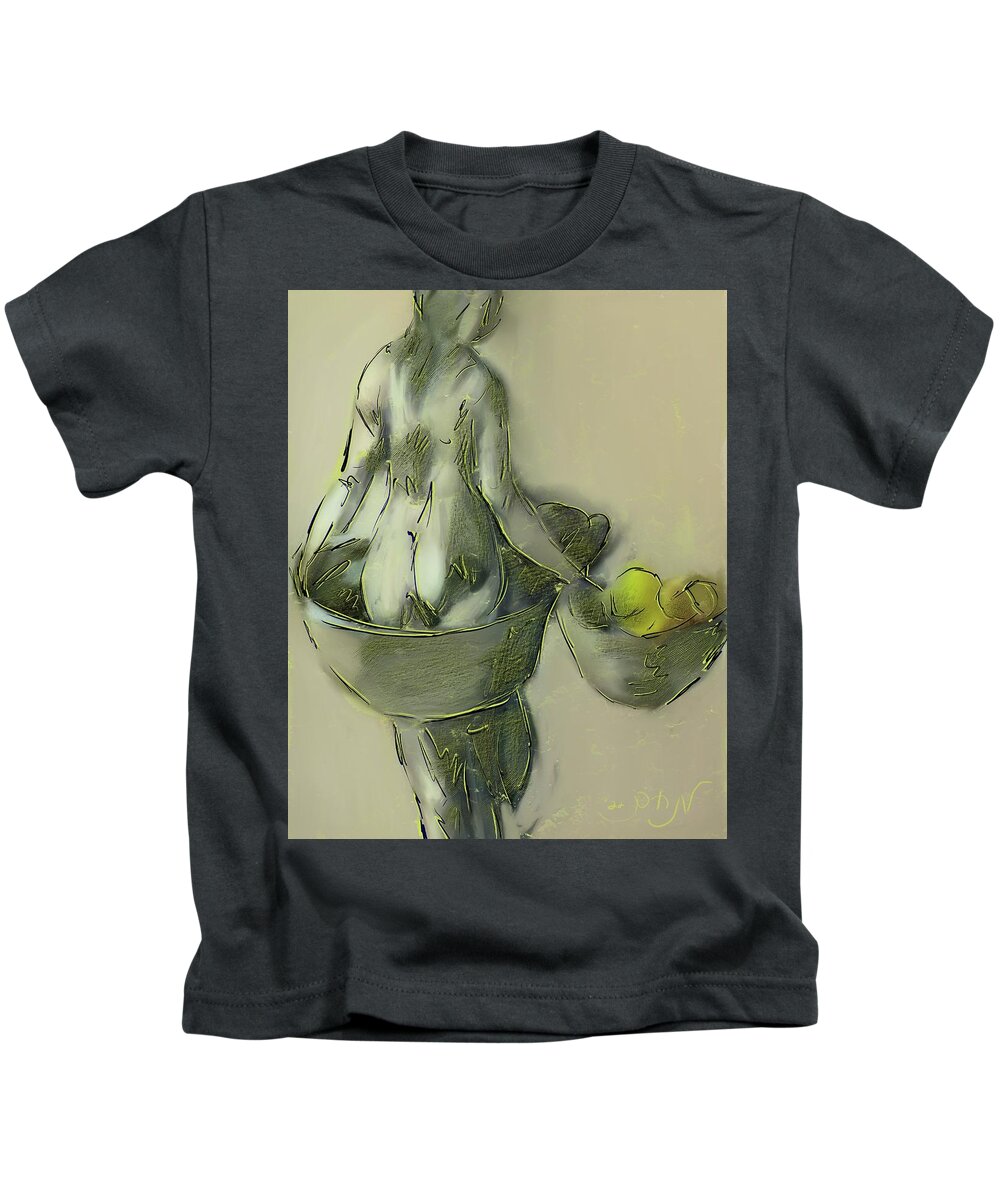 Adam And Eve Kids T-Shirt featuring the painting Female figure holding lemons in a bowl standing in a washbasin at the rivers edge in Charcoal umbers by MendyZ