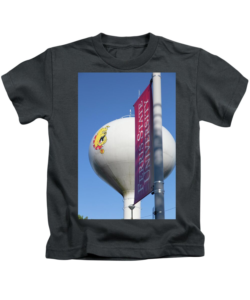 Ferris State Kids T-Shirt featuring the photograph Ferris State University water tower and banner by Eldon McGraw