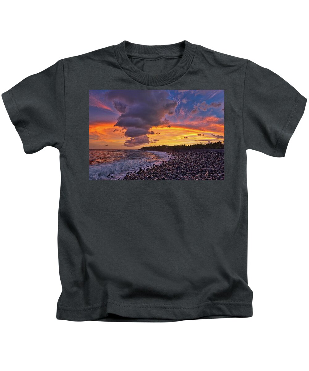 Pohiki Beach Kids T-Shirt featuring the photograph Fiery Sky Over Pohiki Beach by Heidi Fickinger
