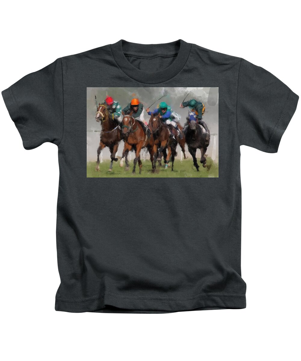 Horses Kids T-Shirt featuring the painting Finishline by Gary Arnold