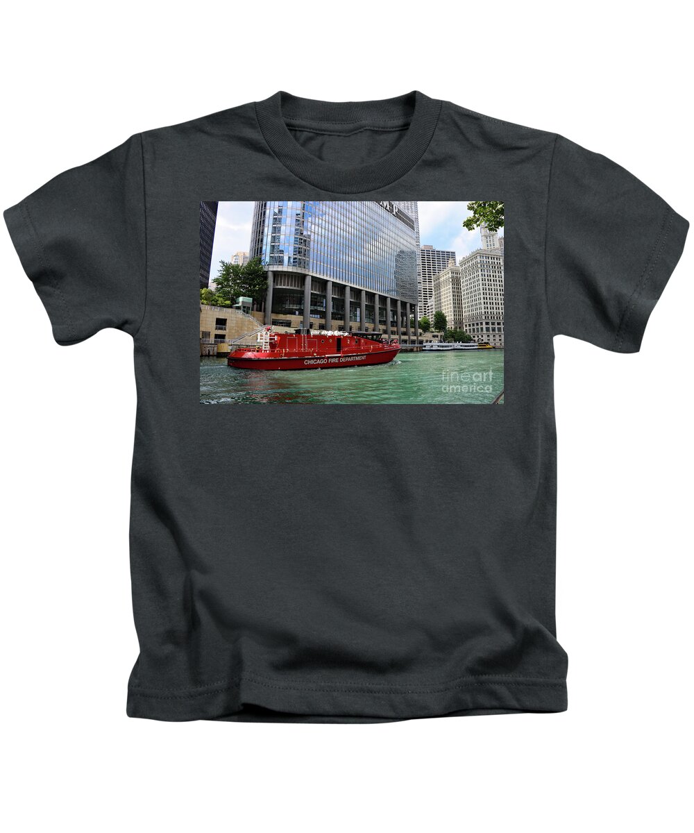 Fireboat Kids T-Shirt featuring the photograph Fire Department Boat On Chicago River by Christiane Schulze Art And Photography