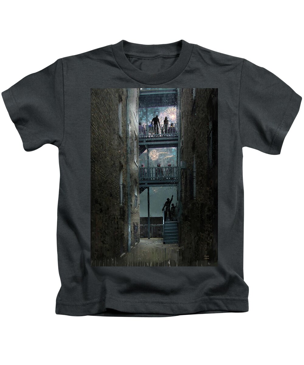 Fireworks Kids T-Shirt featuring the painting Fireworks on a Chicago Porch by Glenn Galen