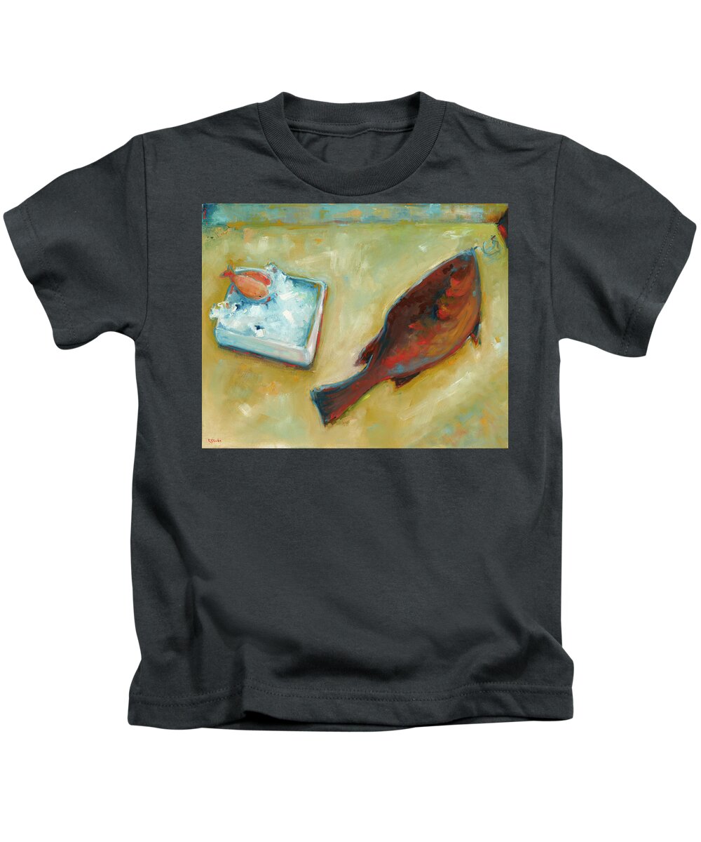 Still Life Kids T-Shirt featuring the painting Fish on a Slab by Roger Clarke