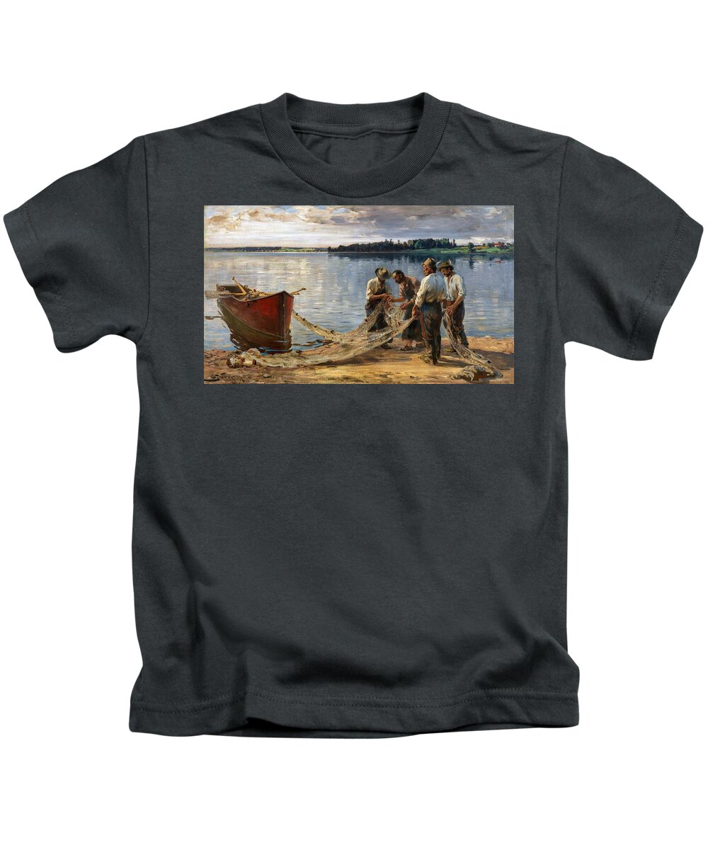 Fishermen Mending their Nets on the Banks of the Chiemsee Kids T-Shirt by  Joseph Wopfner - Fine Art America