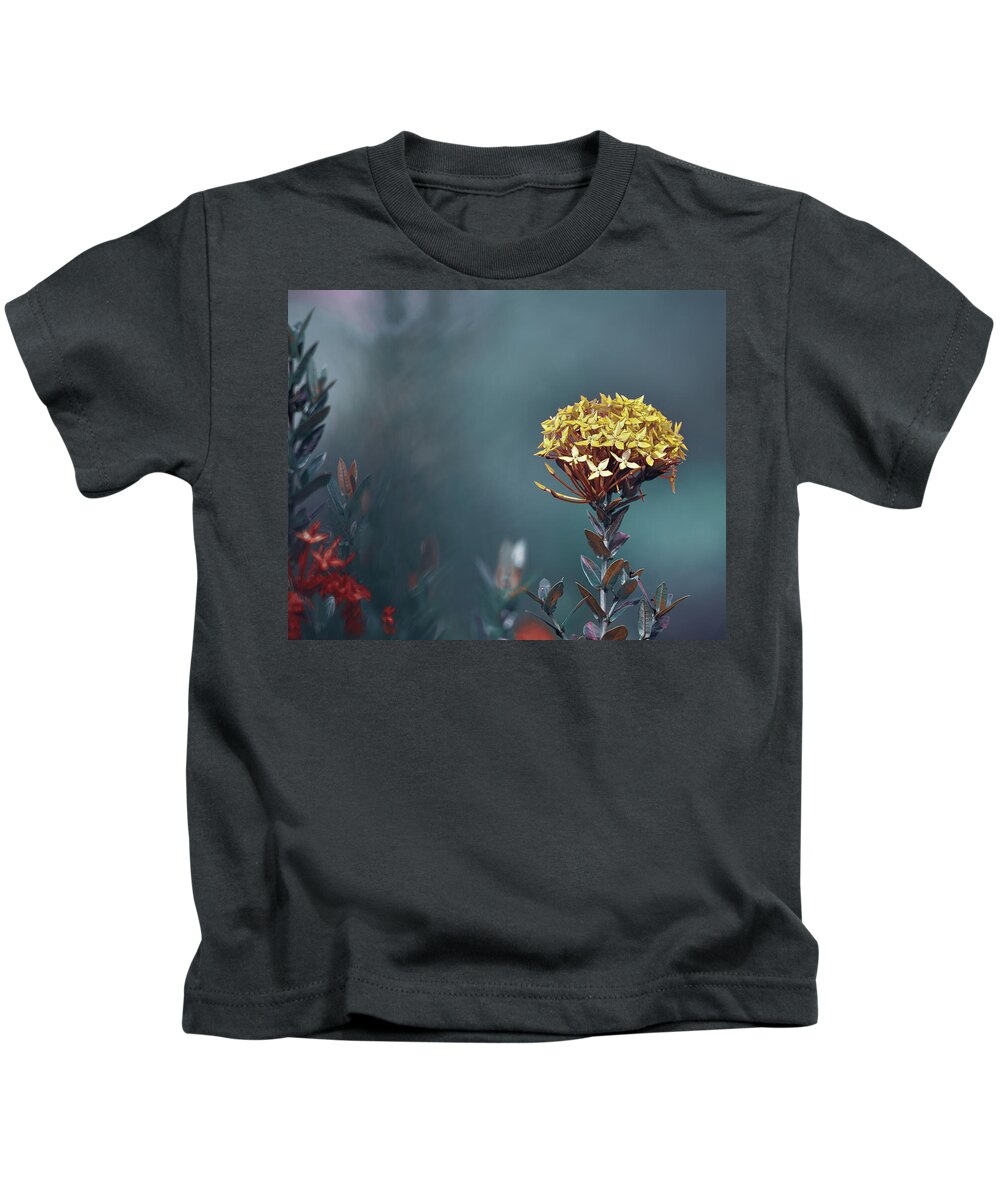 Ixora Coccinea Is A Species Of Flowering Plant In The Family Rubiaceae Kids T-Shirt featuring the photograph Flame of the Woods 2 by Gian Smith