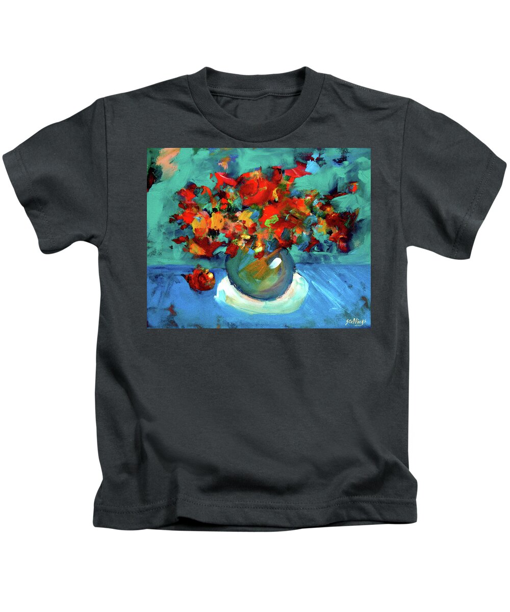 Still Life Kids T-Shirt featuring the painting Floral On Blue by Jim Stallings