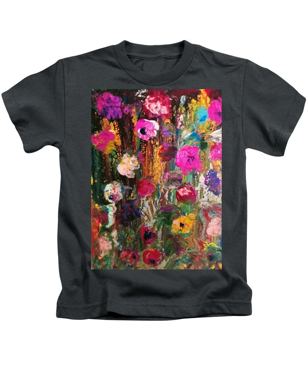 Flowers Fusion Pink Kids T-Shirt featuring the painting Flower Fusion by Anna Adams