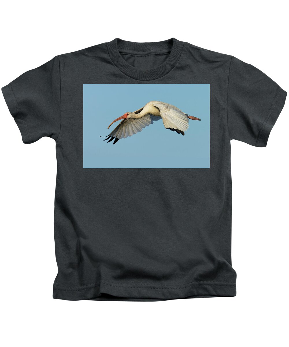 American White Ibis Kids T-Shirt featuring the photograph Flying Ibis - Up Close by RD Allen