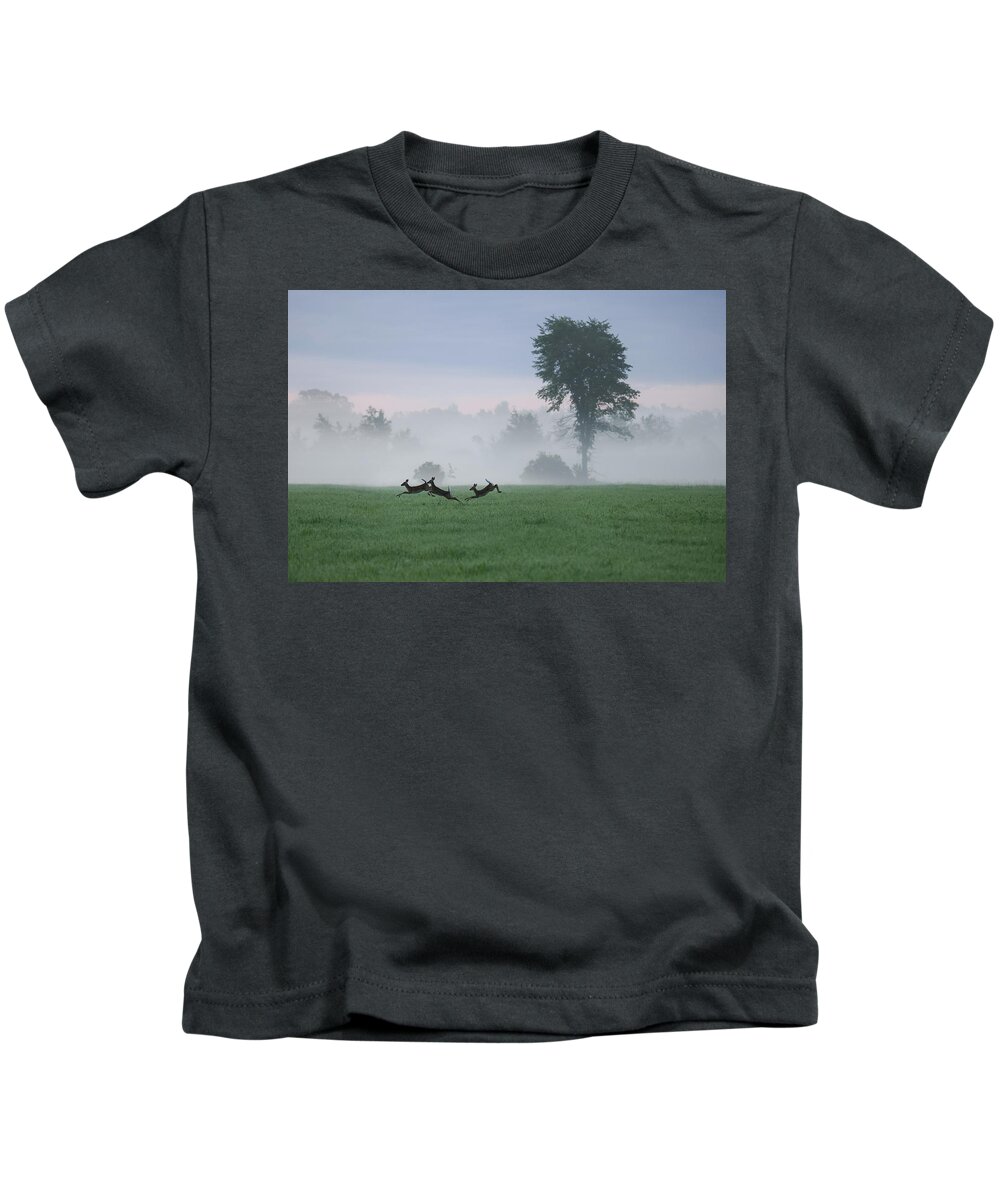 Whitetail Deer Kids T-Shirt featuring the photograph Foggy Fawns by Brook Burling
