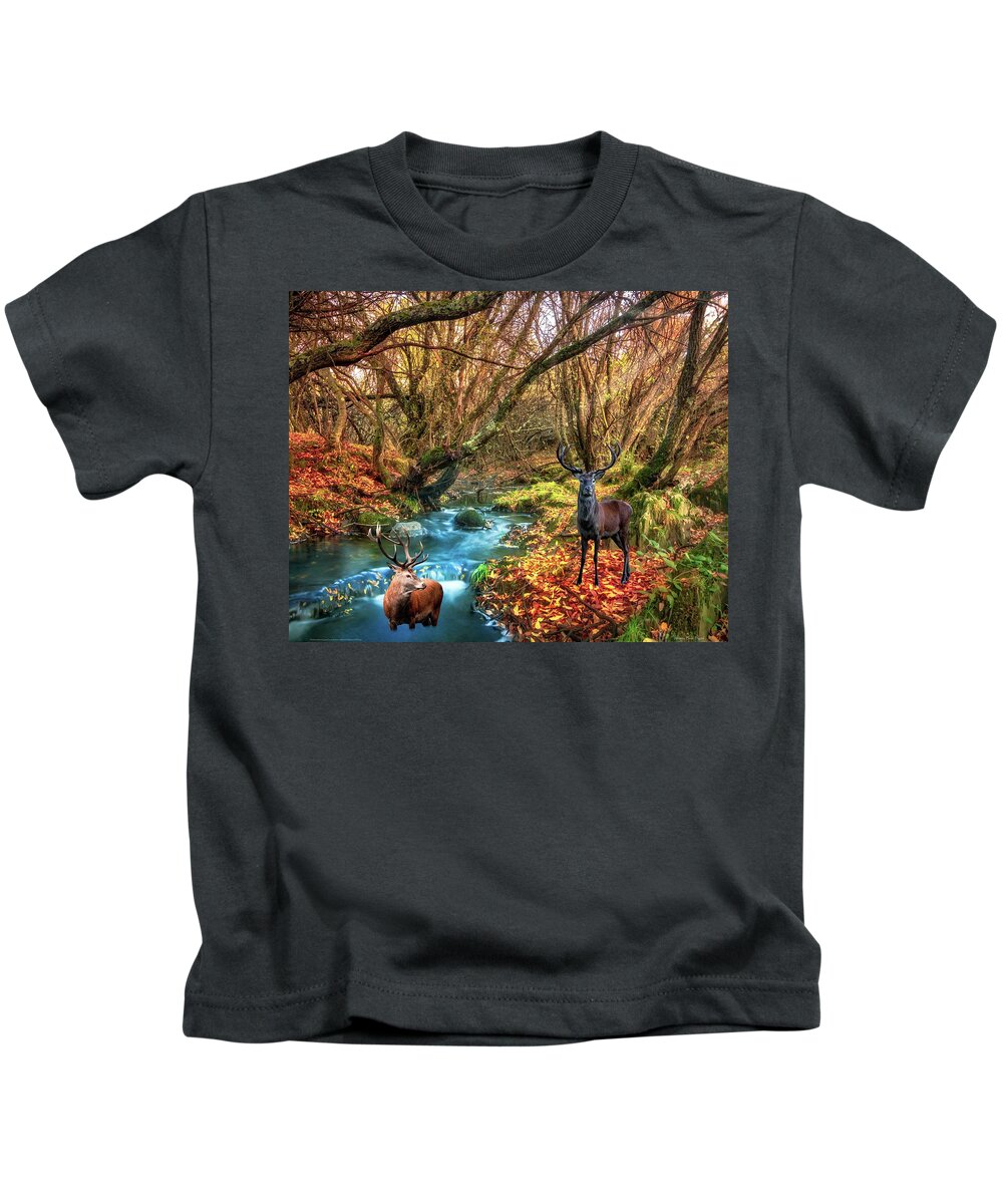 Deer Kids T-Shirt featuring the digital art Forest Bath by Norman Brule