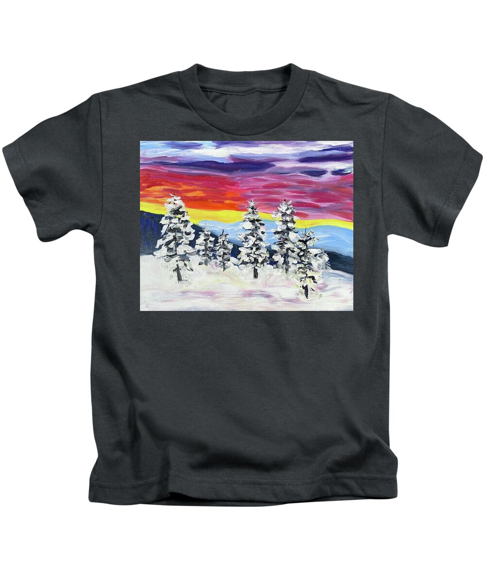Winter Kids T-Shirt featuring the painting Forest Winter Sunset by Judy Dimentberg