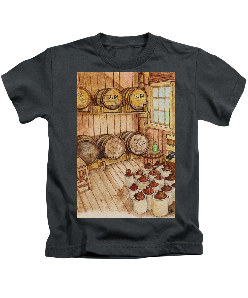 Barrels Kids T-Shirt featuring the painting Fort Edmonton barrels by Lisa Mutch