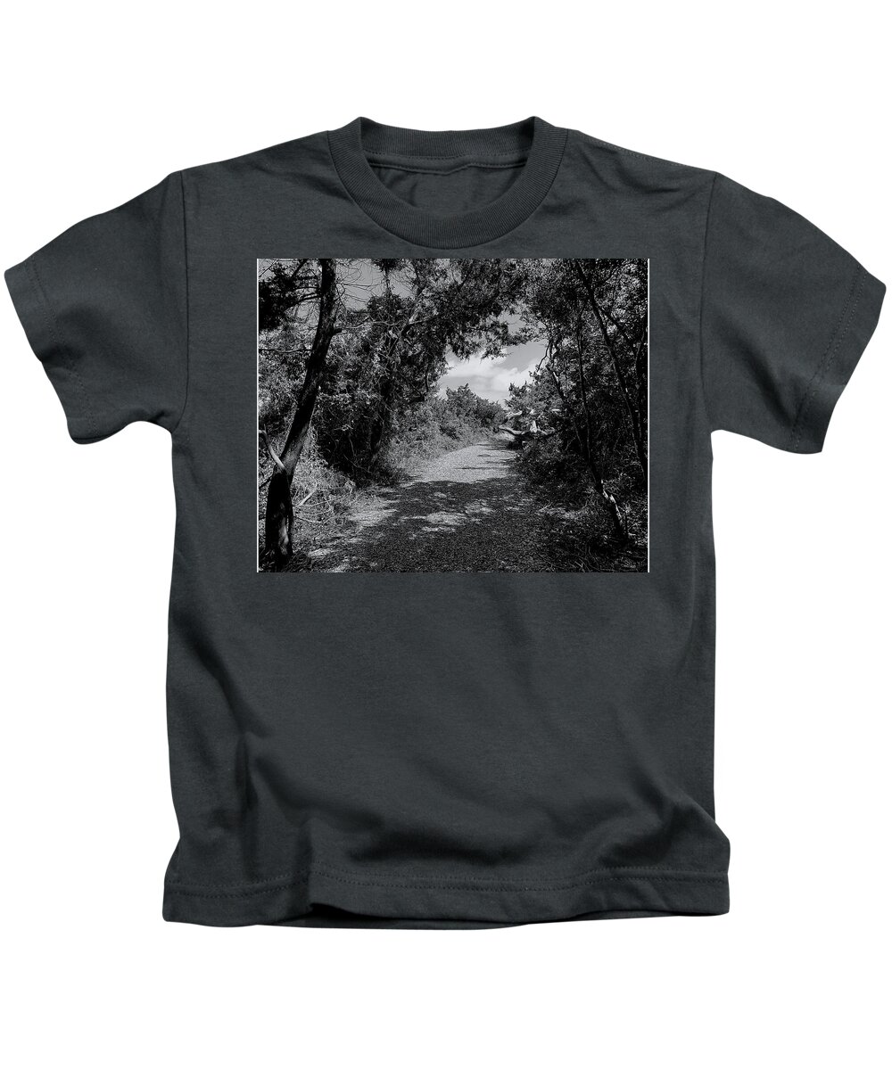 Fort Kids T-Shirt featuring the photograph Fort Macon Trail BW by Lee Darnell