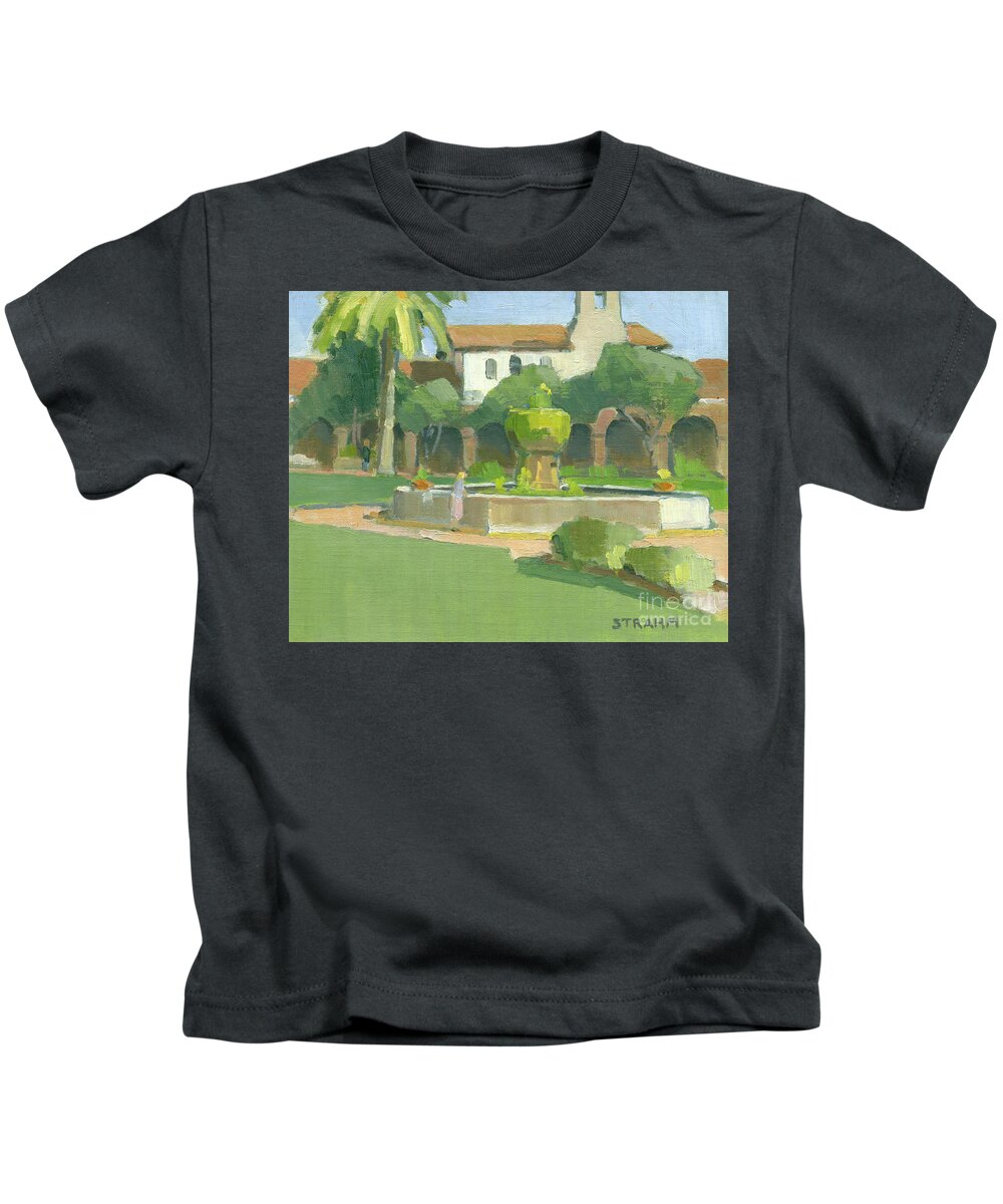 Mission Kids T-Shirt featuring the painting Fountain at Mission San Juan Capistrano, California by Paul Strahm
