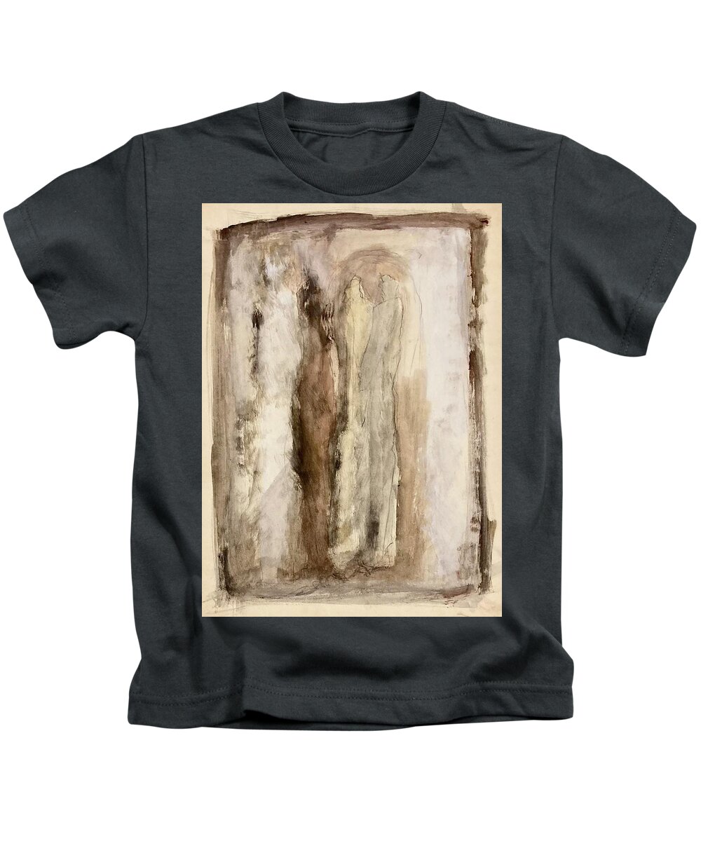 Brown Kids T-Shirt featuring the painting We are gathered here by David Euler