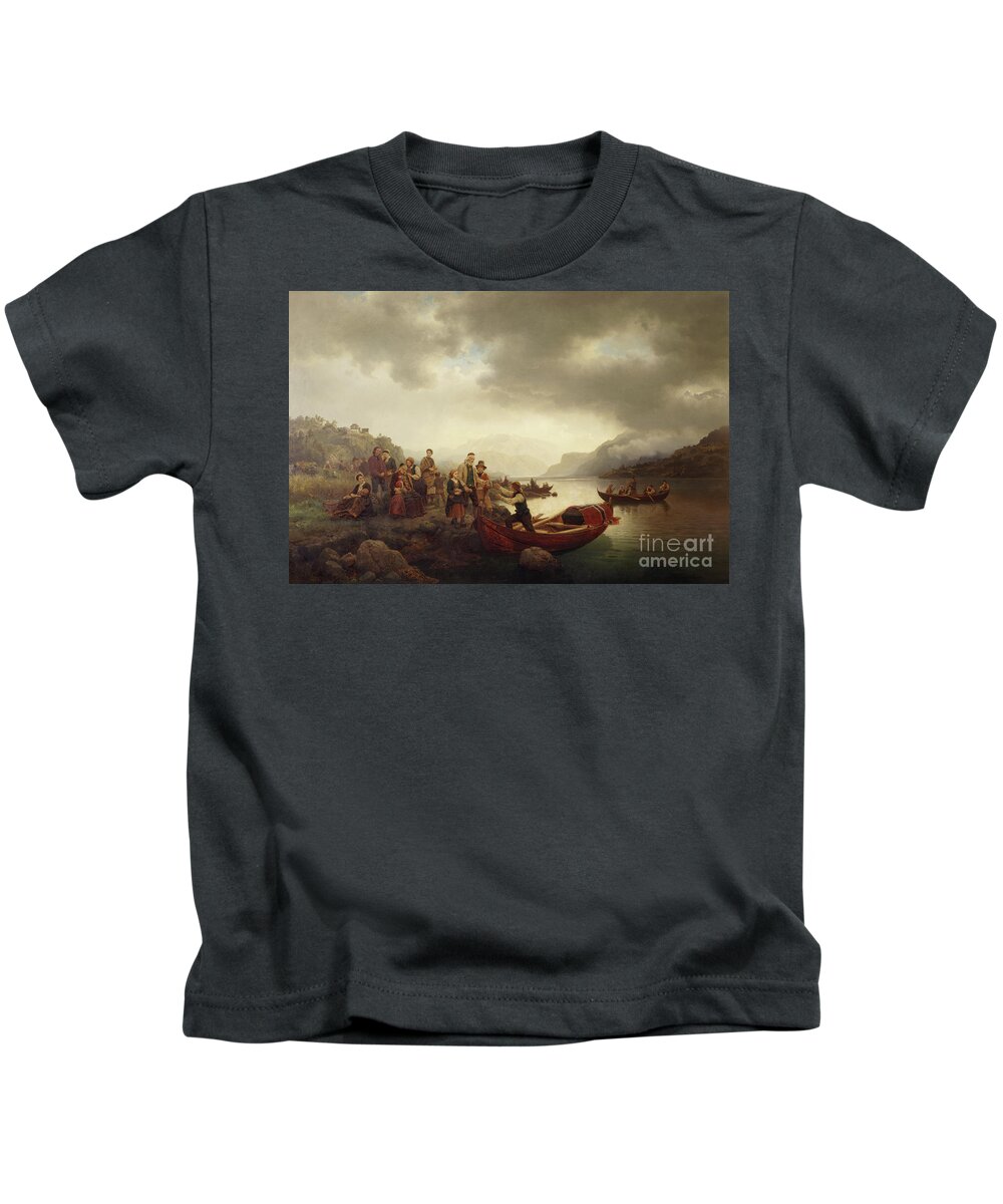 Hans Gude Kids T-Shirt featuring the painting Funeral on Sognefjord, 1853 by O Vaering by Hans Gude and Adolph Tidemand