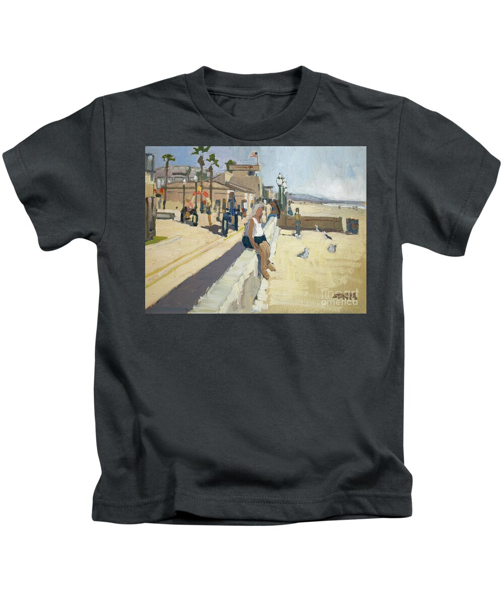 Mission Beach Kids T-Shirt featuring the painting Gazing at the Ocean - Mission Beach, San Diego, California by Paul Strahm