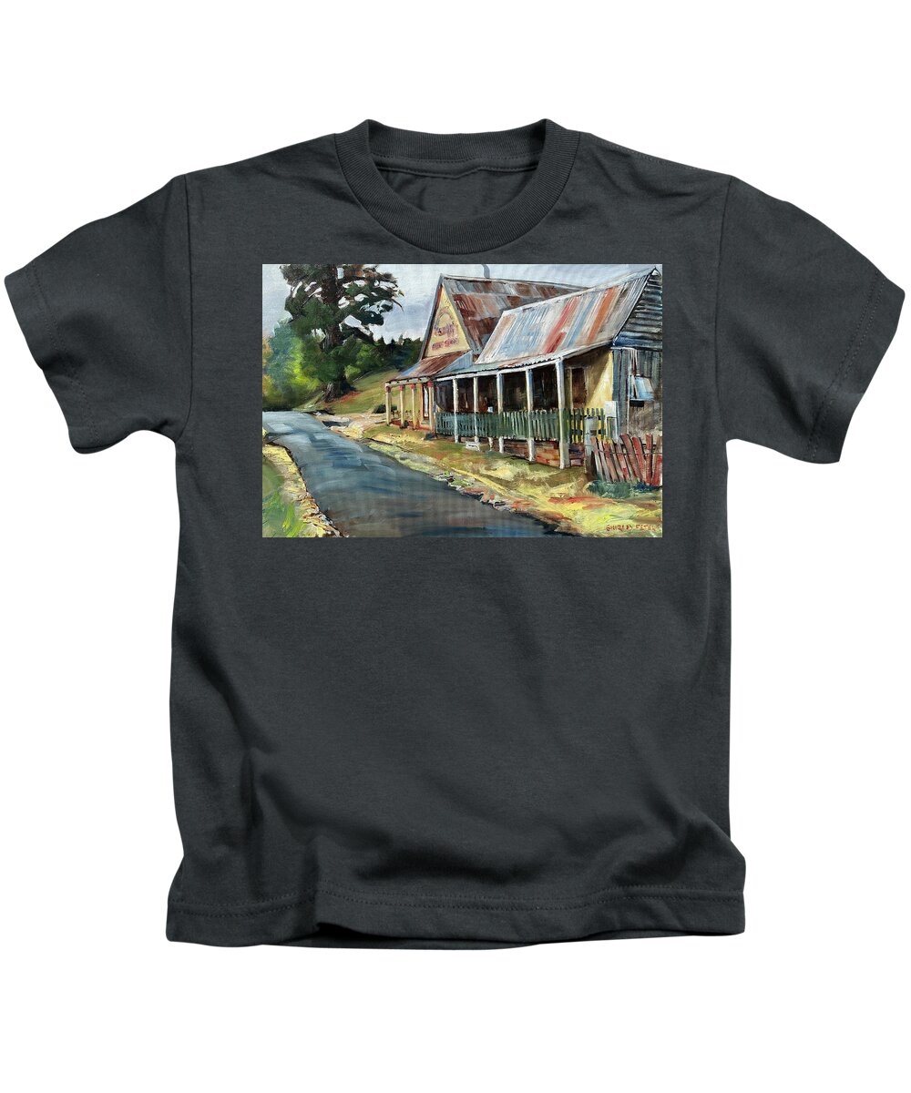 Landscape Painting Kids T-Shirt featuring the painting General Store at Hill End by Shirley Peters