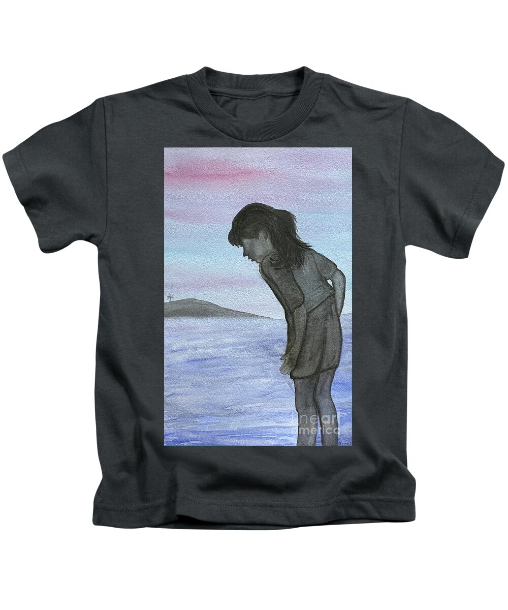 Silhouette Kids T-Shirt featuring the painting Girl at the Beach by Lisa Neuman