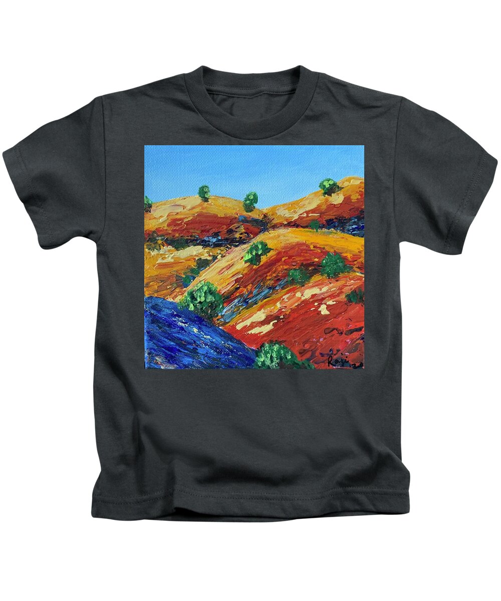 Landscape Kids T-Shirt featuring the painting Golden Hills 1 by Raji Musinipally