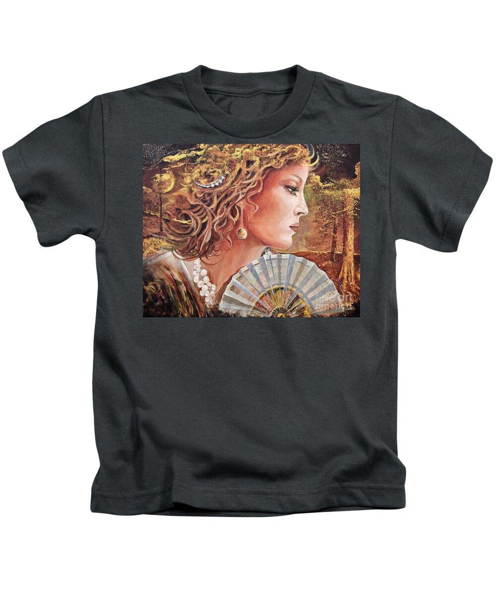 Female Portrait Kids T-Shirt featuring the painting Golden Wood by Sinisa Saratlic