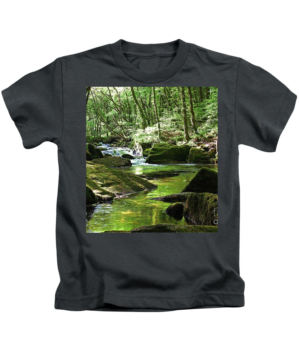 Golitha Falls Kids T-Shirt featuring the photograph Gorgeous green Golitha Falls by Tony Mills