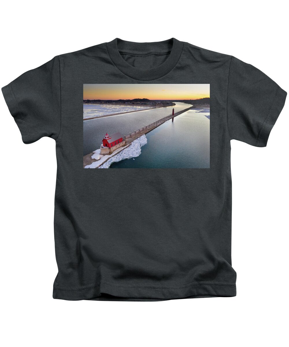 Northernmichigan Kids T-Shirt featuring the photograph Grand Haven Lighthouse DJI_0499 HRes by Michael Thomas