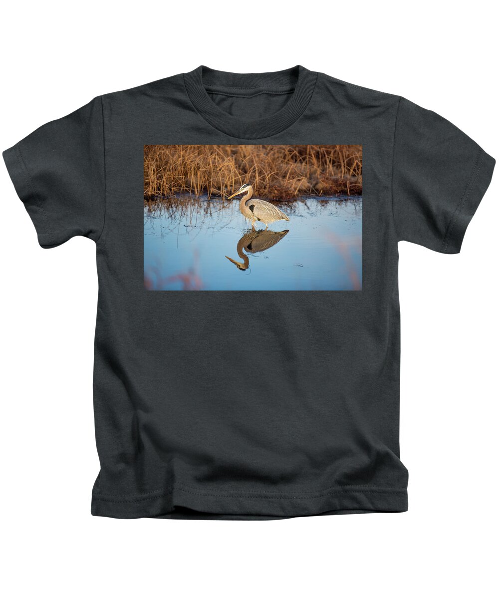 Back Bay Kids T-Shirt featuring the photograph Great Blue Heron Reflection by Donna Twiford