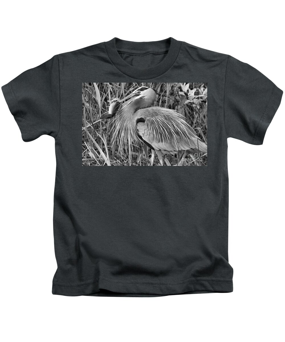 Everglade Kids T-Shirt featuring the photograph Great Blue Heron Sushi Dinner Black And White by Adam Jewell