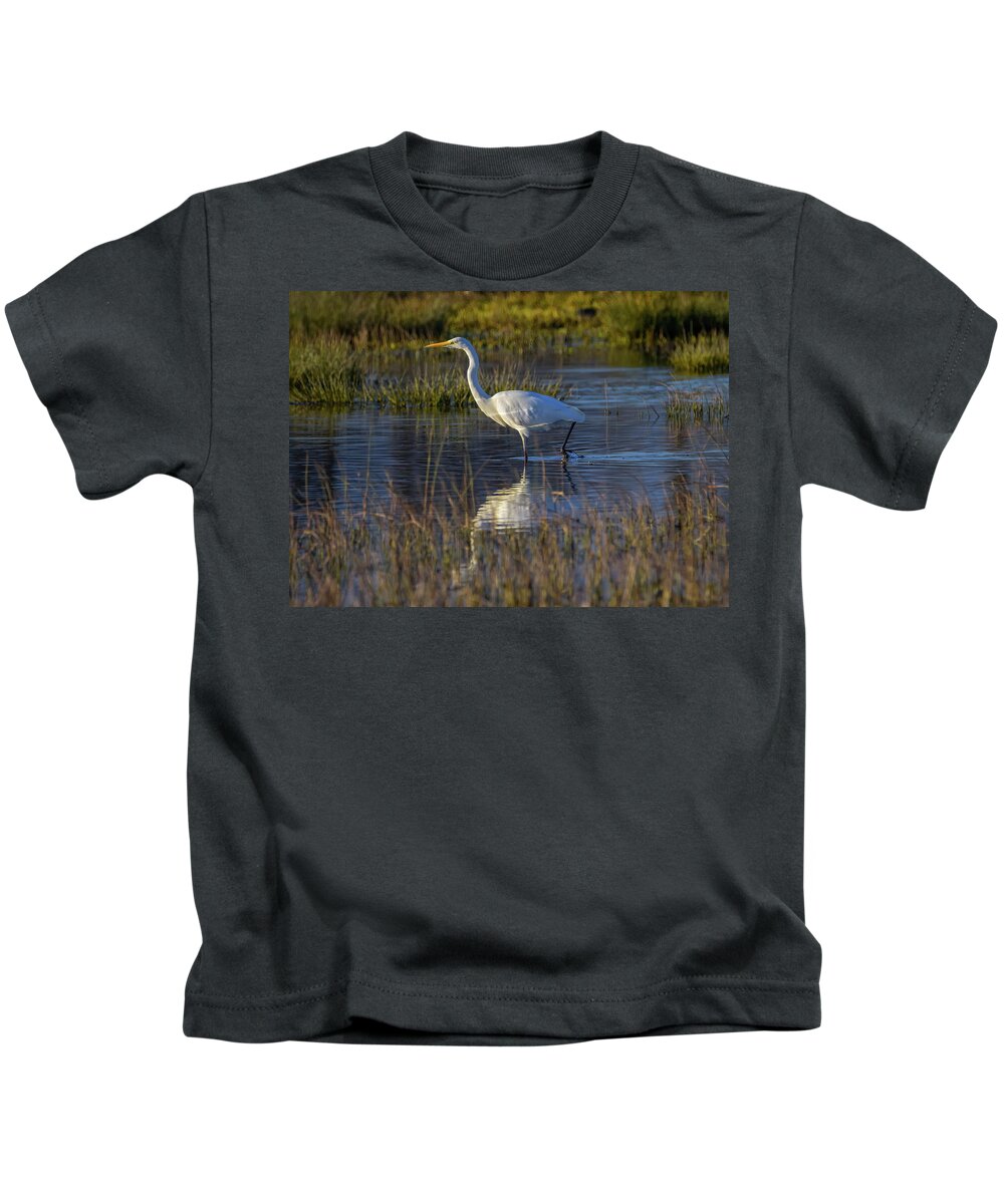 Pond Kids T-Shirt featuring the photograph Great egret, ardea alba, in a pond by Elenarts - Elena Duvernay photo