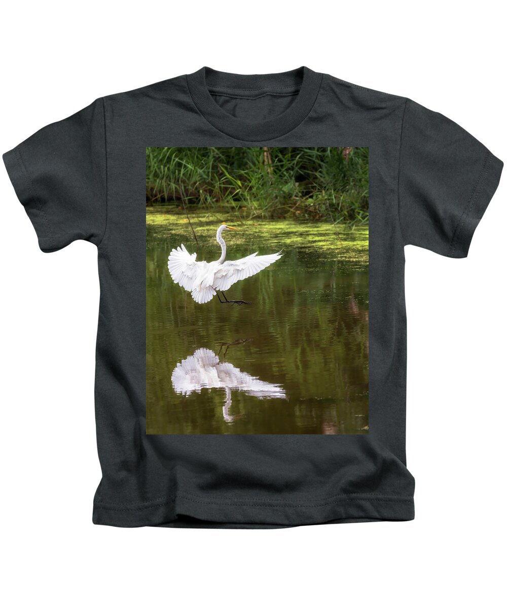 Bird Kids T-Shirt featuring the photograph Great Egret Landing - Crab Orchard Lake by Susan Rissi Tregoning