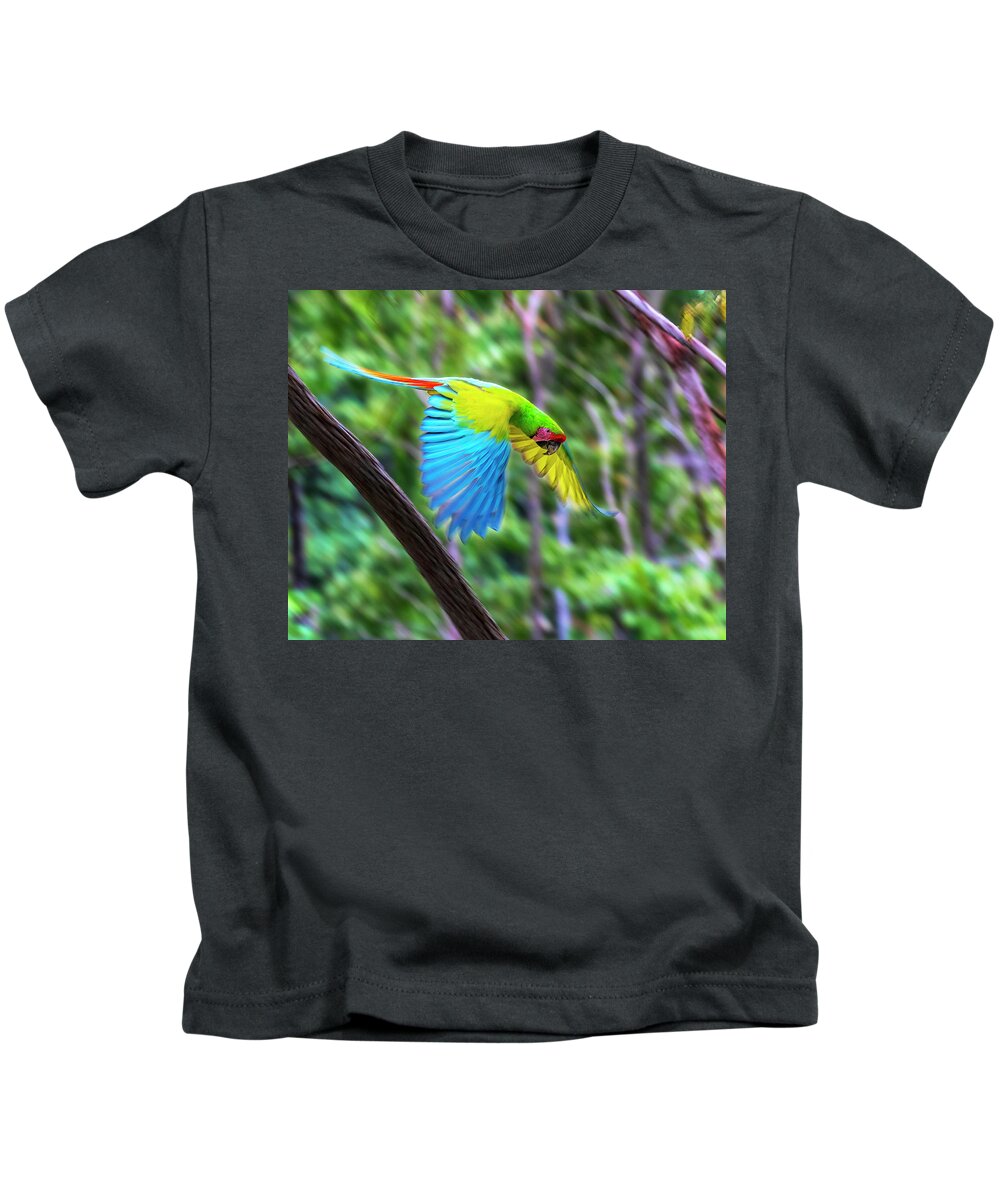 Great Green Macaw Kids T-Shirt featuring the photograph Great Green Macaw Takes Flight in Costa Rica by Lowell Monke