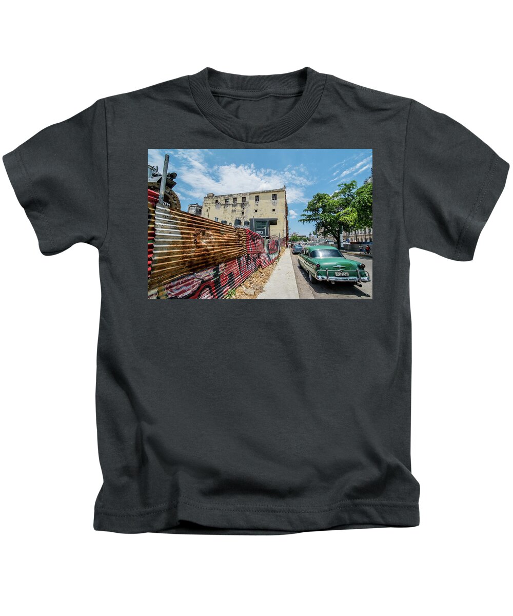 Cuba Kids T-Shirt featuring the photograph Green car on the street. Havana, Cuba by Lie Yim