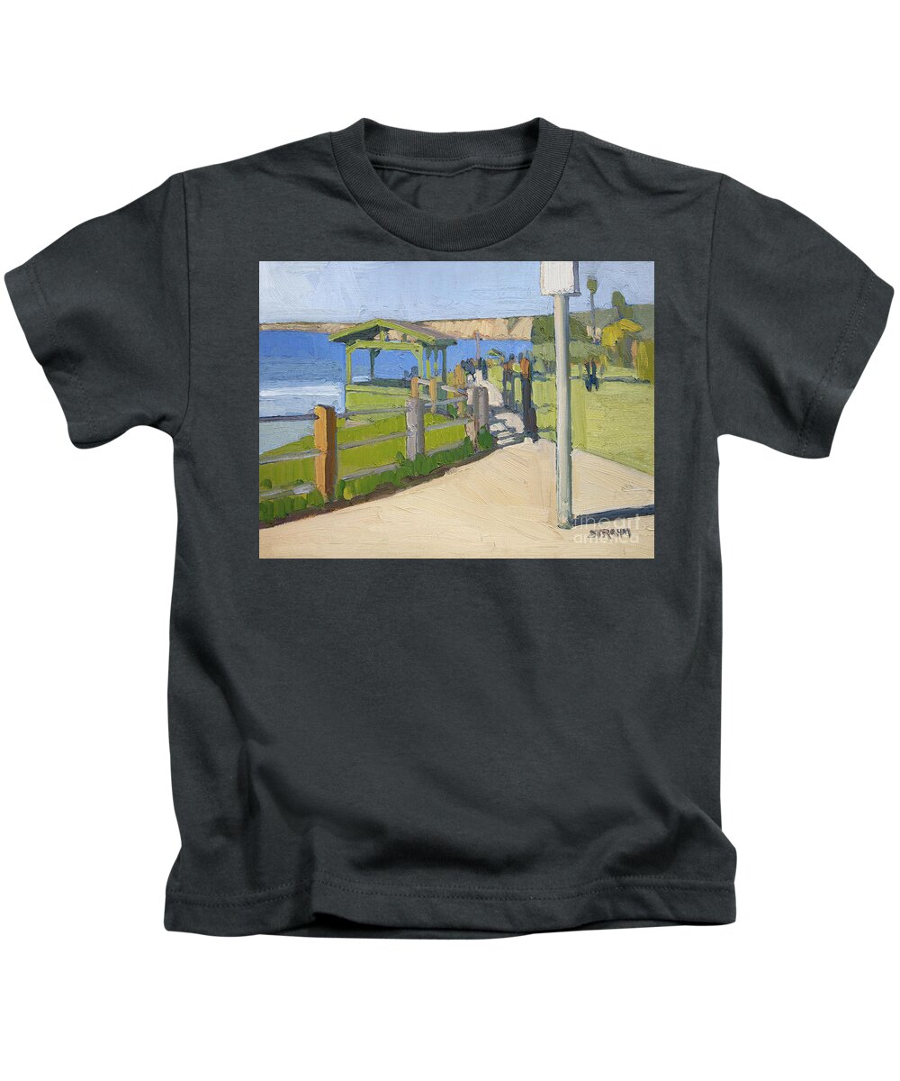 Belvedere Kids T-Shirt featuring the painting Green Lookout Belvedere in Scripps Park - La Jolla, San Diego, California by Paul Strahm